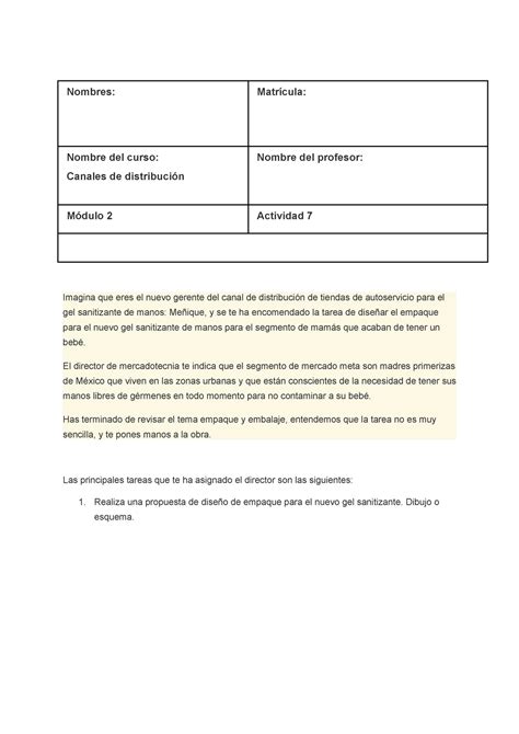 Actividad Canales De Distribuci N Tecmilenio Nombres