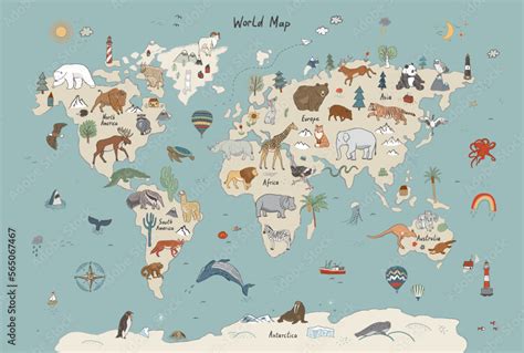 Animals world map vector illustration. Stock Vector | Adobe Stock