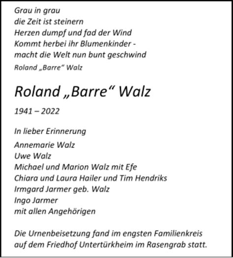 Trauer Und Todesanzeigen Von Roland Walz Trauer De