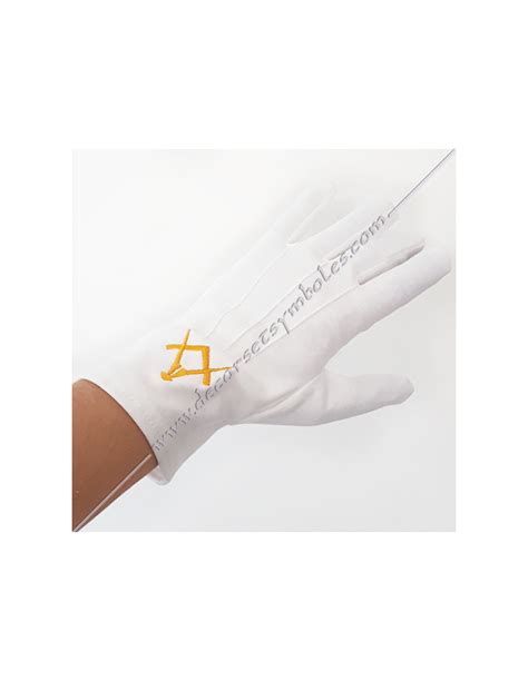 Gants Maconniques Blancs Coton Avec Broderies Equerre Et Compas Or