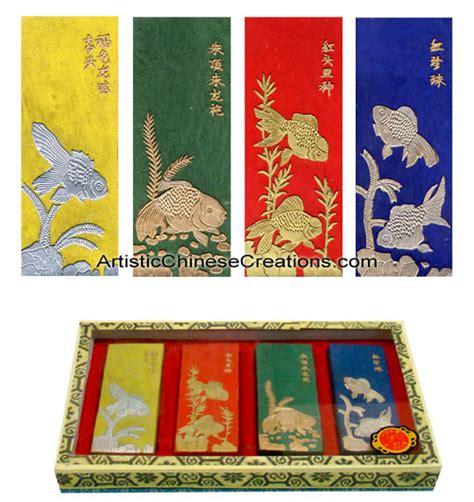 Chinese Calligraphy Painting Ink Stick Set Fishes Four Colors