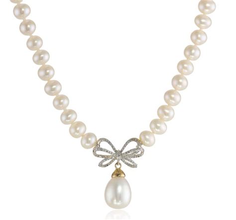 10k Yellow Gold Diamond Bow With Pearl Necklace Pearl Drop Necklace