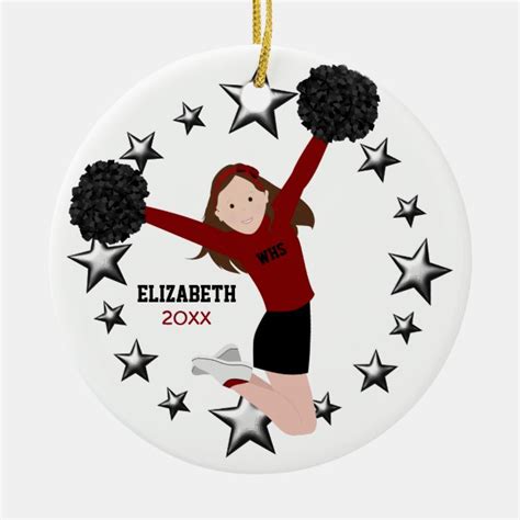 Brunette Cheerleader Pom Poms In Red Black Ceramic Ornament Zazzle