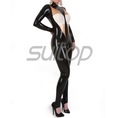 Suitop Fashional Women S Rubber Latex Long Sleeve Catsuit In Black Color