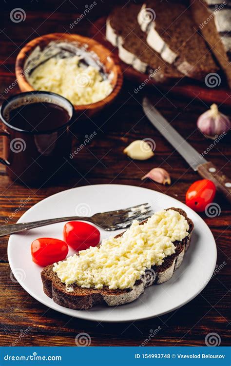 Rye Bread Toast with Processed Cheese and Garlic Stock Photo - Image of ...