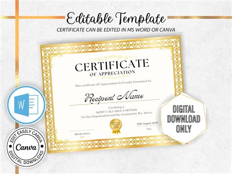 Editable Certificate of Achievement Template. Award Template. - Etsy