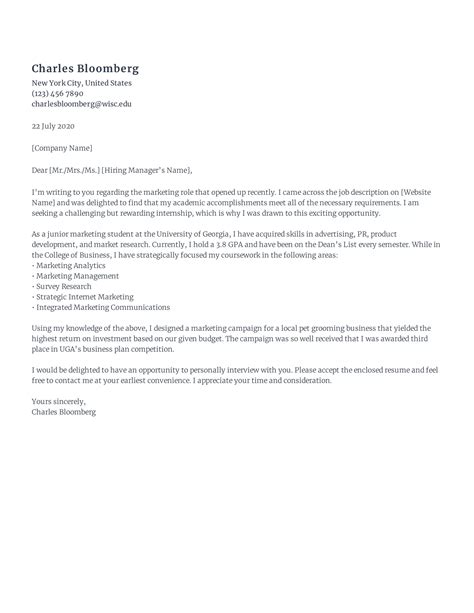 Free Internship Cover Letter Sample Rezi