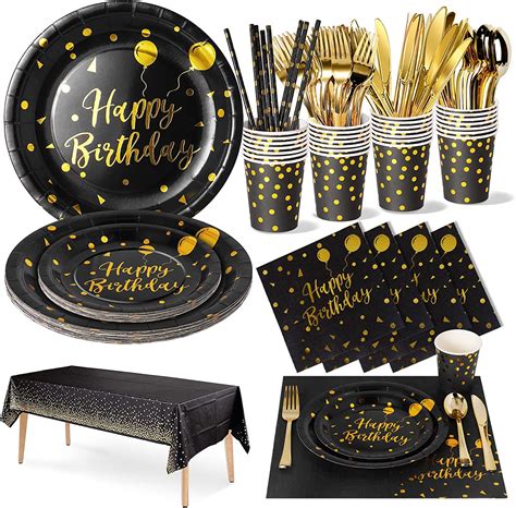 Nkaiso Birthday Party Tableware 161Pcs Black Gold Happy Birthday Theme