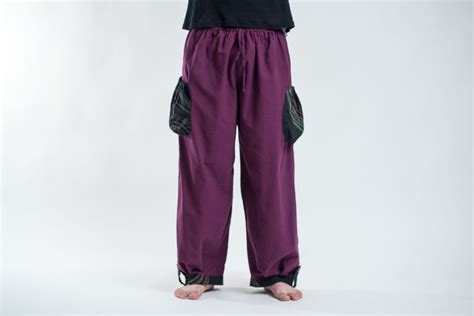 Thai Cotton Men Drawstring Pants With Hill Tribe Trim Purple Harem Pants