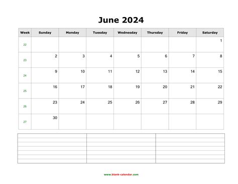 Download June 2024 Blank Calendar with Space for Notes (horizontal)