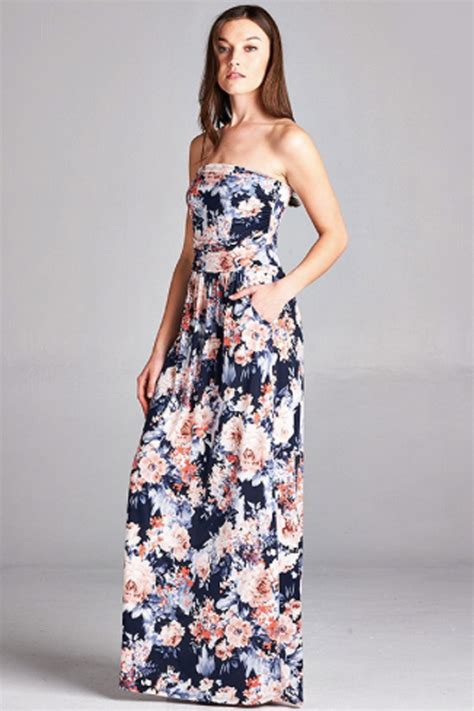 Womens Garden Party Navy And Coral Floral Pretty Strapless Maxi