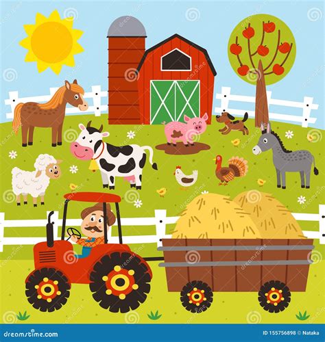 Farmer Rides A Tractor And Farm Animals Stand In The Barnyard Vector ...