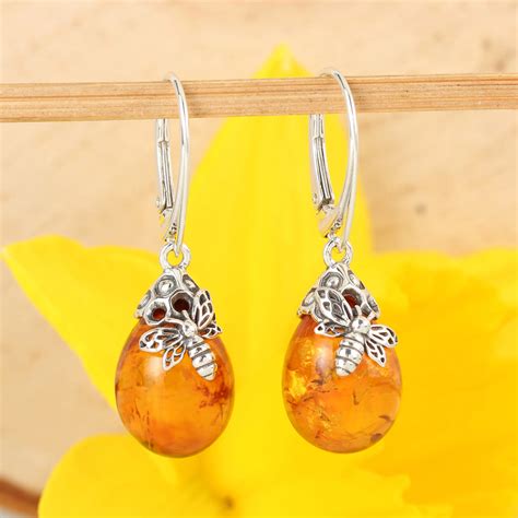 Sterling Silver Honey Bee Cognac Baltic Amber Earrings