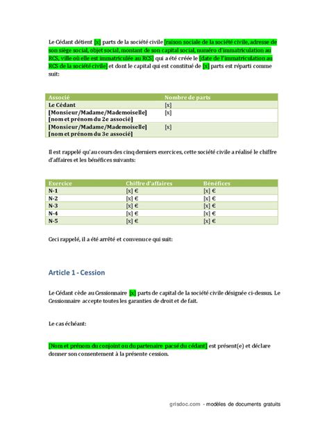 Acte de cession de parts sociales d une société civile DOC PDF