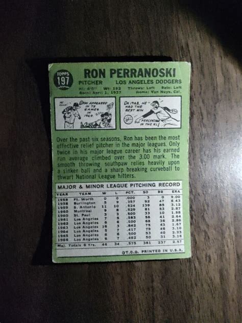 1967 Topps Baseball Card 197 Ron Perranoski Los Angeles Dodgers Poor