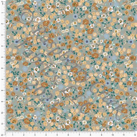 Grey Dusty Blue Khaki Yellow And Teal Ditsy Floral Print Stretch