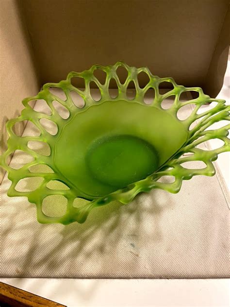 Large Forest Green Frosted Glass Bowl W Lace Reticulated Etsy