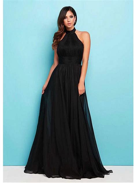 Long Black Halter Chiffon Bridesmaid Prom Formal Evening Dresses A