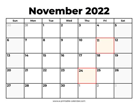 November 2022 Calendar With Holidays - A Printable Calendar