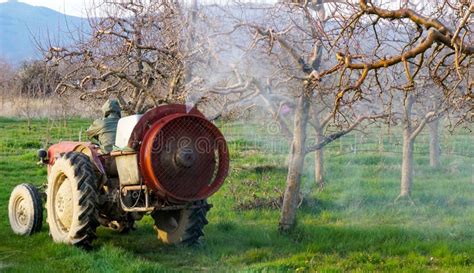 Tractor With Atomizer Sprayer Spraying Pesticides On Apple Trees Stock