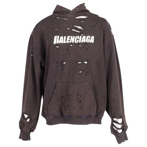 Balenciaga Sweat à Capuche Logo Oversize Déchiré en Coton Noir ref