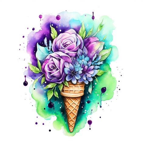 Premium Vector Ice Cream Cone With Flowers Watercolor Paint