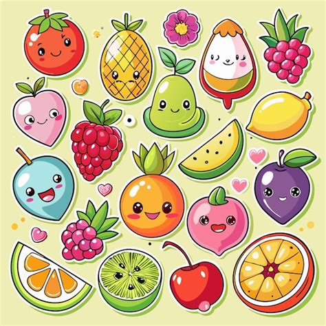 Frutas Y Bayas De Dibujos Animados Con Caras Felices Vector Premium