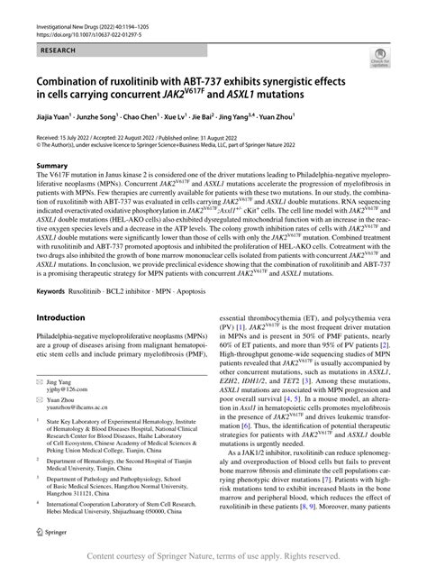 Combination Of Ruxolitinib With Abt Exhibits Synergistic Effects In