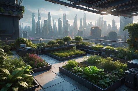 Premium Photo A Cyberpunk Rooftop Garden With Greenery And Hightech