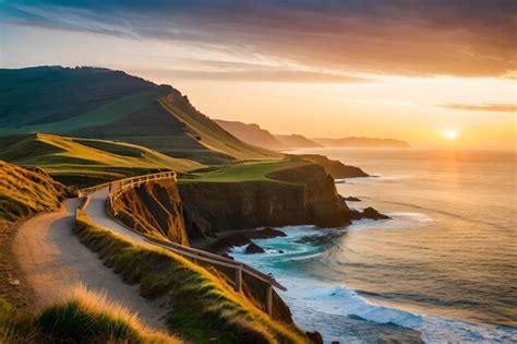 Premium Photo | A sunset view of a cliff and a winding road.