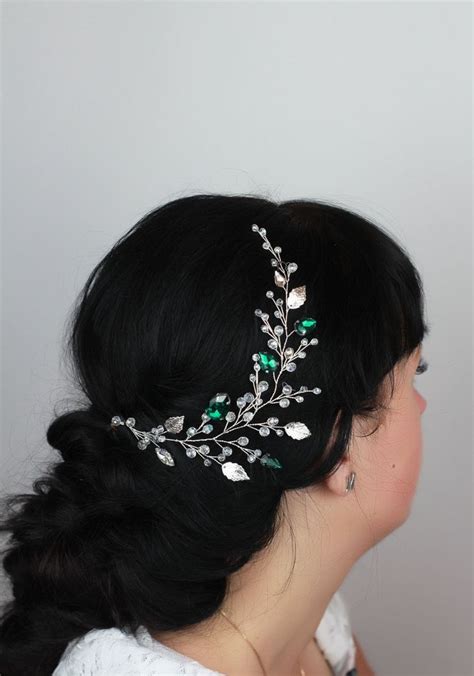 Emerald Green Bridal Hair Vine Long Bridal Headpiece Emerald Wedding Hair Piece Crystal Hair