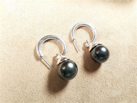 Elegant Silver Hoop Large Gray Pearl Earrings Unique Vintage Etsy