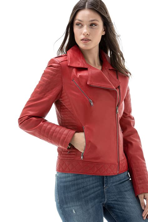 Womens 100 Real Red Leather Biker Style Jacket