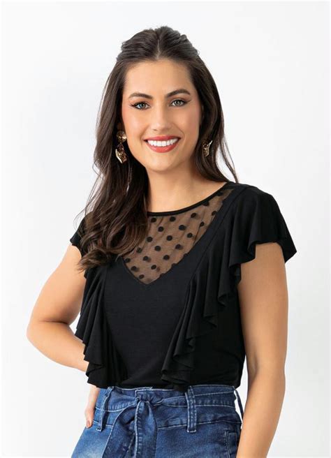 Blusa Preto Com Decote Em Tule Quintess