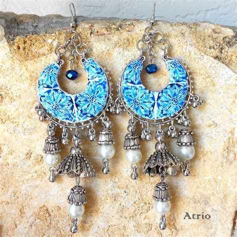 16th Century Azulejo Tile Chandelier Earrings Bohemian Persian Boho