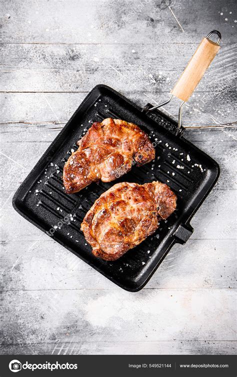 Pan Fried Grilled Pork Steak Gray Background High Quality Photo Stock ...