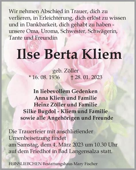 Traueranzeigen Von Ilse Berta Kliem Trauer In Thueringen De