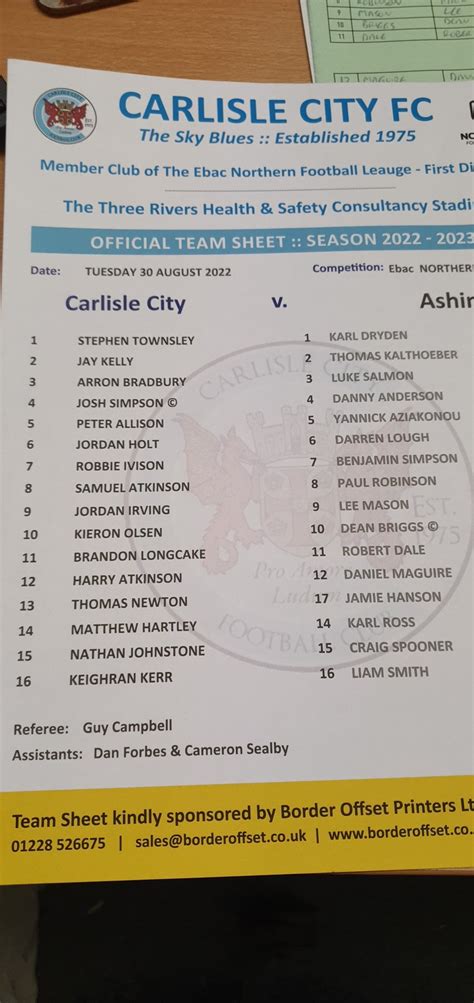 Carlisle City FC Official on Twitter: "Tonight's team sheet https://t ...