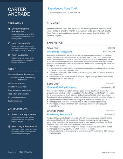 5 Sous Chef Resume Examples & Guide for 2024