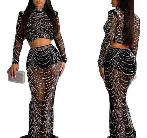 Conjunto Festa Balada Sexy Luxo Top Cropped Saia Brilho J