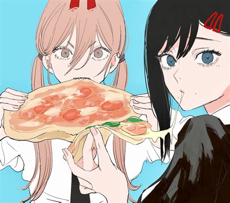 東山コベニ チェンソーマン パワー チェンソーマン 「kobeni And Power Eating Pizza Together 」 Blárのイラスト