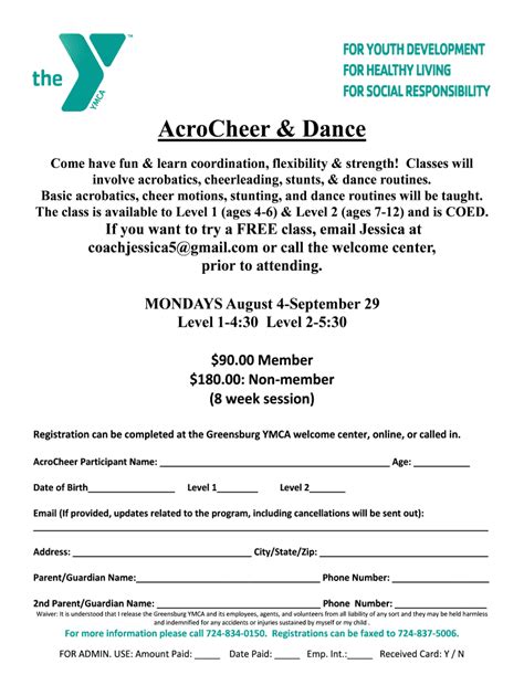 Fillable Online Greensburgymca Acrocheer Dance Ymca Of Greensburg