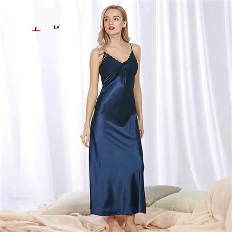 Sexy Elegant Vintage Long Black Blue Silk Satin Nightgowns Women Night Wear Slip Sleeping Dress