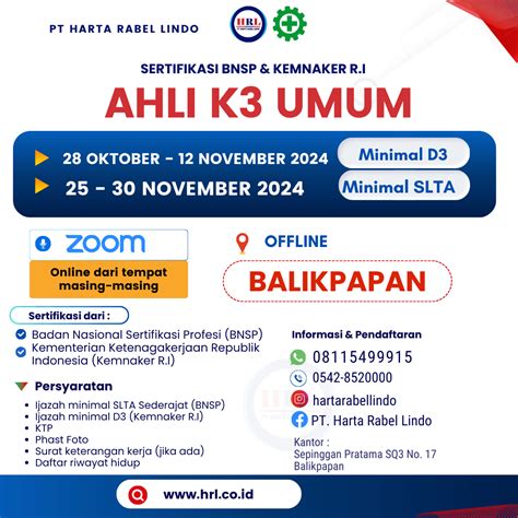 AHLI K3 UMUM ONLINE AHLI K3 UMUM KEMNAKER BNSP BALIKPAPAN SAMARINDA