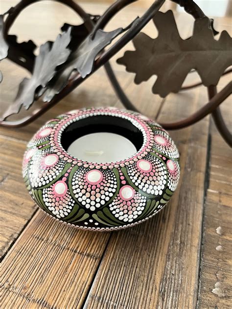 Green And Rose Pink Tea Light Holder Hand Painted Tea Light Holder