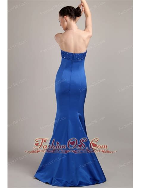 Blue Trumpet Mermaid Strapless Floor Length Satin Beading Prom Dress