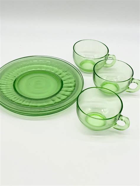 Set Of Three 3 ~ Uranium Vaseline Glass Cup And Saucers