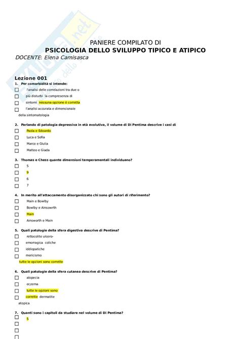 Paniere Psicologia Dello Sviluppo Tipico E Atipico