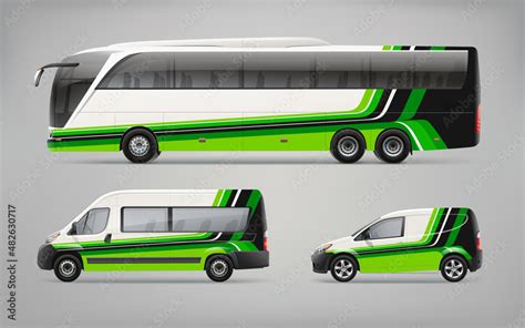 Side view Coach Bus, Passenger Van and Delivery Car realistic mockup ...