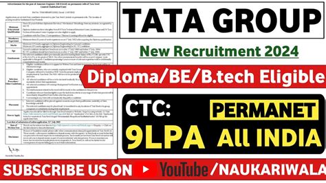 TATA RECRUITMENT 2024 CTC 9LPA DIPLOMA BE B TECH TATA JOB VACANCY